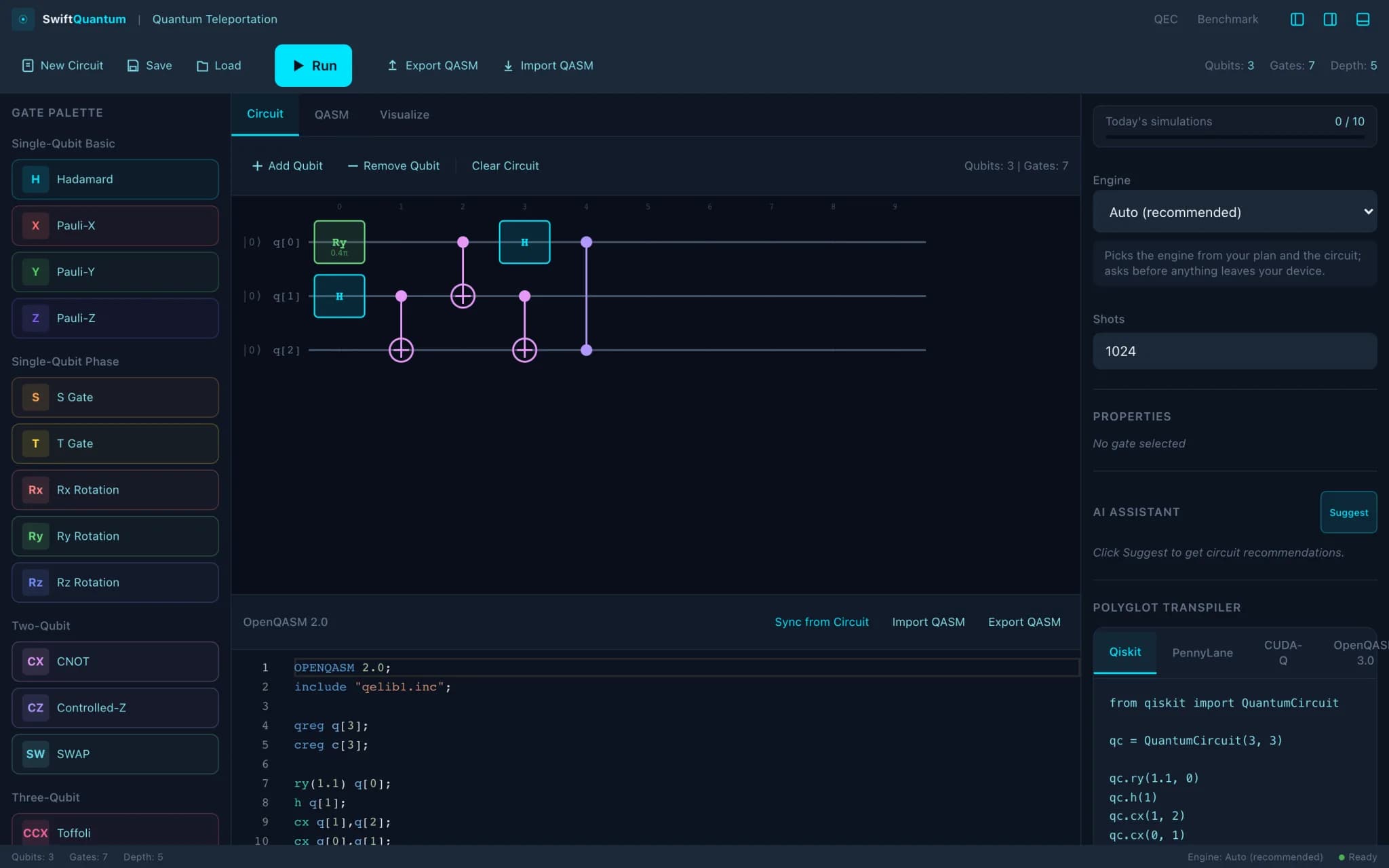 The SwiftQuantum IDE editing a quantum teleportation circuit: gate palette, circuit canvas, OpenQASM editor and the Qiskit transpiler panel